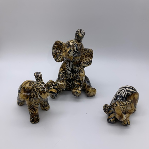 Vintage Set Of 3 La Vie Safari Patchwork Elephants Ceramic Porcelain